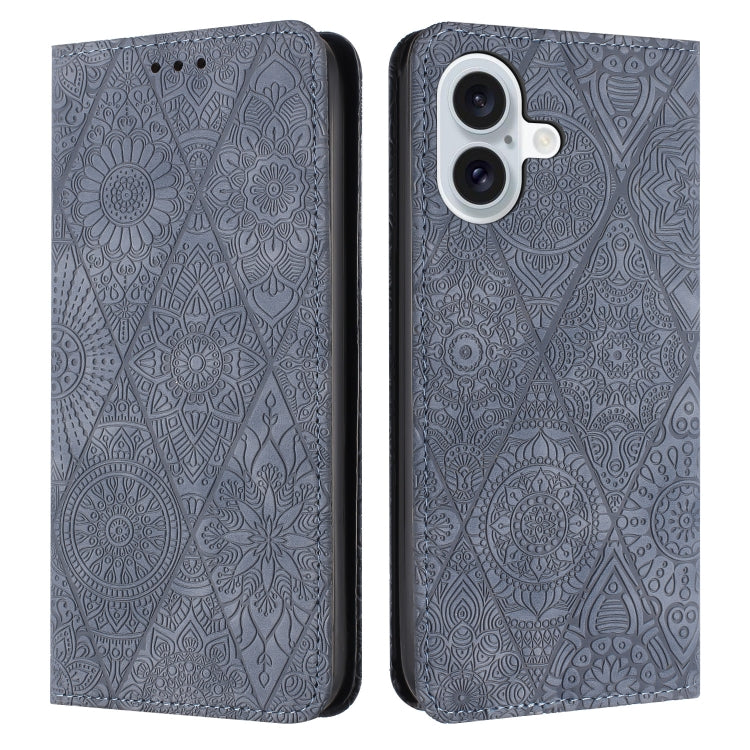 For iPhone 16 Plus Ethnic Embossed Adsorption Leather Phone Case(Grey) - iPhone 16 Plus Cases by PMC TechLife | Online Shopping South Africa | PMC TechLife | Buy Now Pay Later Mobicred