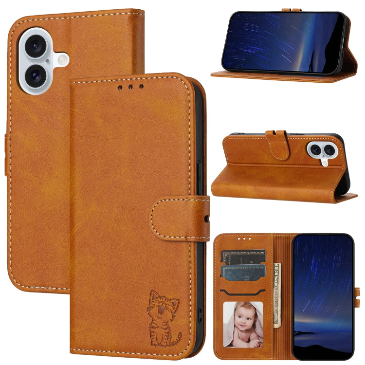 For iPhone 16 Embossed Happy Cat Pattern Flip Leather Phone Case(Yellow) - iPhone 16 Cases by PMC TechLife | Online Shopping South Africa | PMC TechLife | Buy Now Pay Later Mobicred