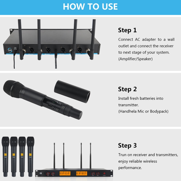 XTUGA A400-H Professional 4-Channel UHF Wireless Microphone System with 4 Handheld Microphone(AU Plug) - Microphone by XTUGA | Online Shopping South Africa | PMC Jewellery | Buy Now Pay Later Mobicred