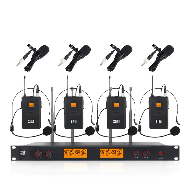 XTUGA A400-B Professional 4-Channel UHF Wireless Microphone System with 4 BodyPack Lavalier Headset Microphone(UK Plug) - Microphone by XTUGA | Online Shopping South Africa | PMC Jewellery | Buy Now Pay Later Mobicred