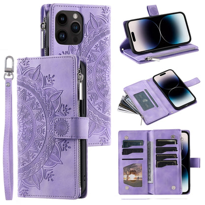 For iPhone 16 Pro Multi-Card Totem Zipper Leather Phone Case(Purple) - iPhone 16 Pro Cases by PMC Jewellery | Online Shopping South Africa | PMC Jewellery | Buy Now Pay Later Mobicred