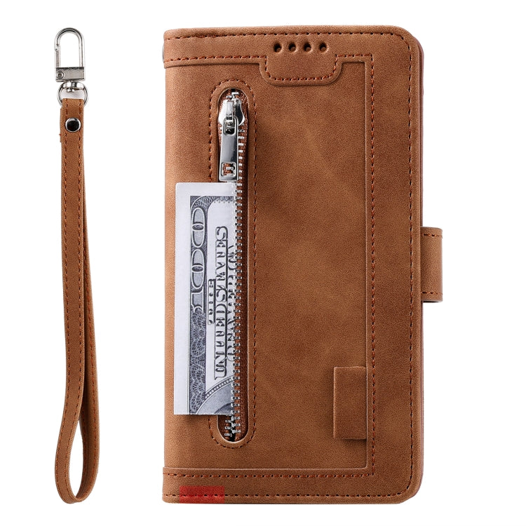 For iPhone 16 Nine Card Zipper Bag Leather Phone Case with Lanyard(Brown) - iPhone 16 Cases by PMC Jewellery | Online Shopping South Africa | PMC Jewellery | Buy Now Pay Later Mobicred