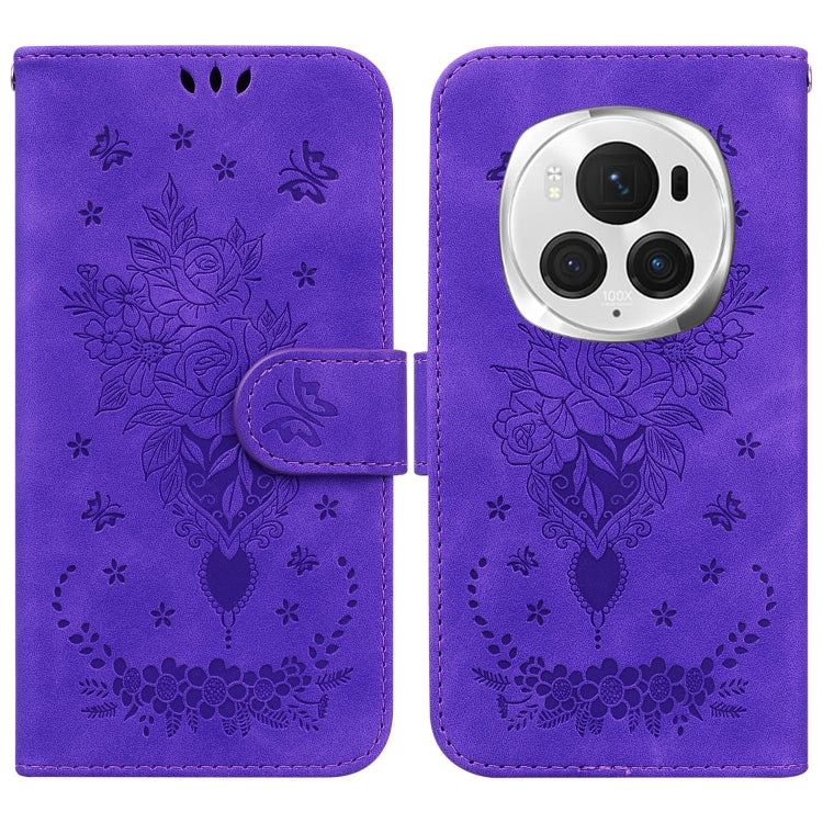 For Honor Magic6 Pro Butterfly Rose Embossed Leather Phone Case(Purple) - Honor Cases by PMC Jewellery | Online Shopping South Africa | PMC Jewellery | Buy Now Pay Later Mobicred