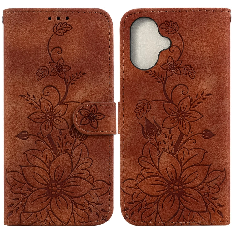 For iPhone 16 Plus Lily Embossed Leather Phone Case(Brown) - iPhone 16 Plus Cases by PMC Jewellery | Online Shopping South Africa | PMC Jewellery | Buy Now Pay Later Mobicred