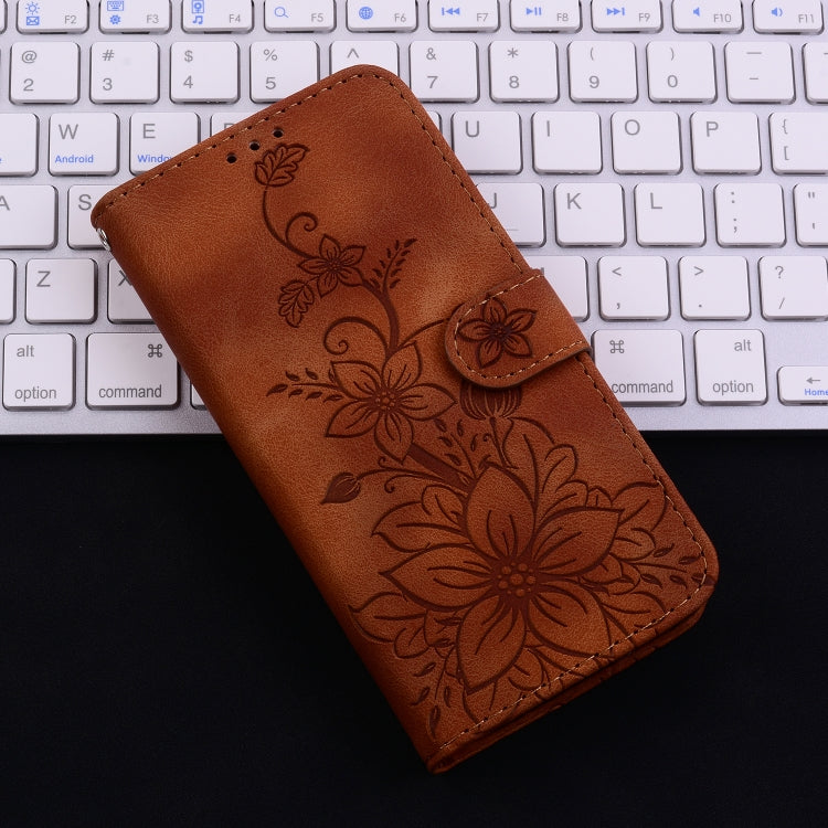 For iPhone 16 Plus Lily Embossed Leather Phone Case(Brown) - iPhone 16 Plus Cases by PMC Jewellery | Online Shopping South Africa | PMC Jewellery | Buy Now Pay Later Mobicred