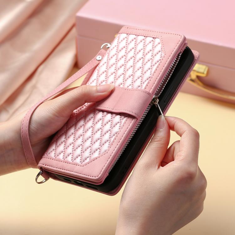For iPhone 16e Grid Texture Zipper Leather Phone Case with Lanyard(Rose Gold) - iPhone 16e Cases by PMC TechLife | Online Shopping South Africa | PMC TechLife | Buy Now Pay Later Mobicred