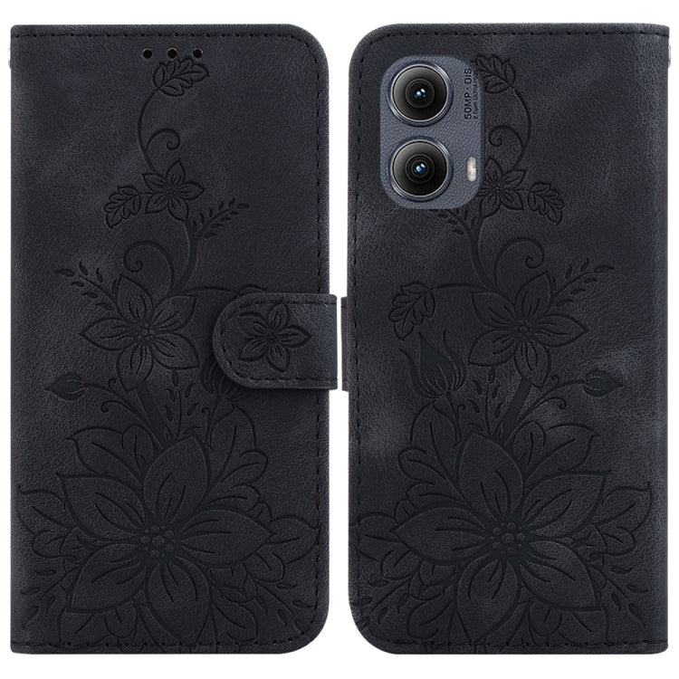 For Motorola Edge 2024 Lily Embossed Leather Phone Case(Black) - Motorola Cases by PMC Jewellery | Online Shopping South Africa | PMC Jewellery | Buy Now Pay Later Mobicred