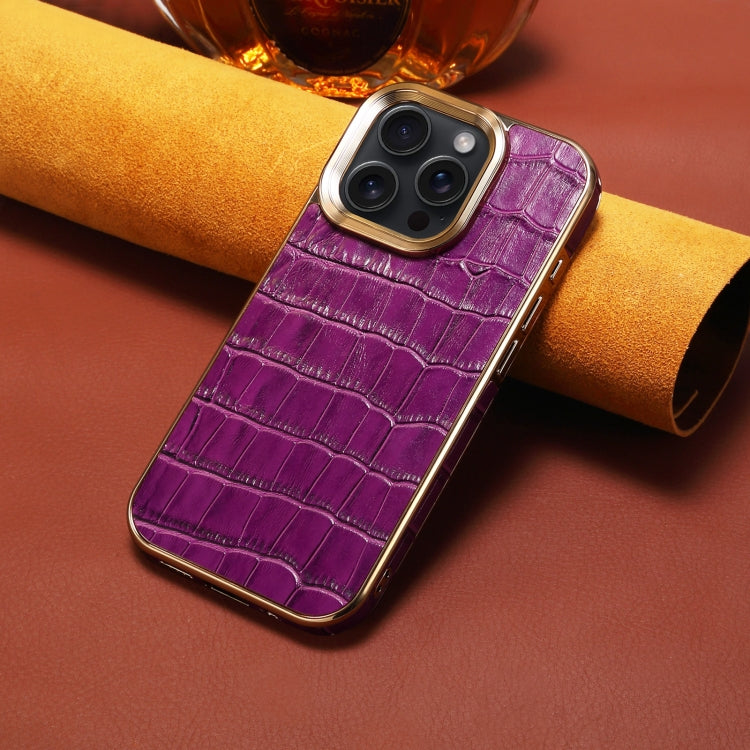 For iPhone 16 Pro Max Denior Crocodile Texture Genuine Leather Electroplating Phone Case(Purple) - More iPhone Cases by Denior | Online Shopping South Africa | PMC Jewellery | Buy Now Pay Later Mobicred