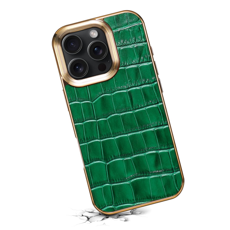 For iPhone 16 Pro Max Denior Crocodile Texture Genuine Leather Electroplating Phone Case(Green) - More iPhone Cases by Denior | Online Shopping South Africa | PMC Jewellery | Buy Now Pay Later Mobicred