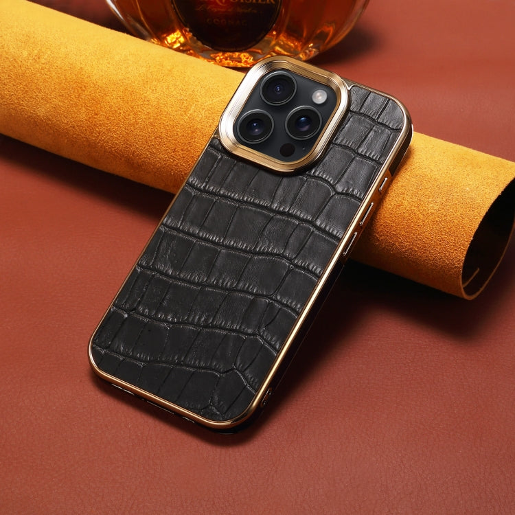 For iPhone 16 Pro Max Denior Crocodile Texture Genuine Leather Electroplating Phone Case(Black) - More iPhone Cases by Denior | Online Shopping South Africa | PMC Jewellery | Buy Now Pay Later Mobicred