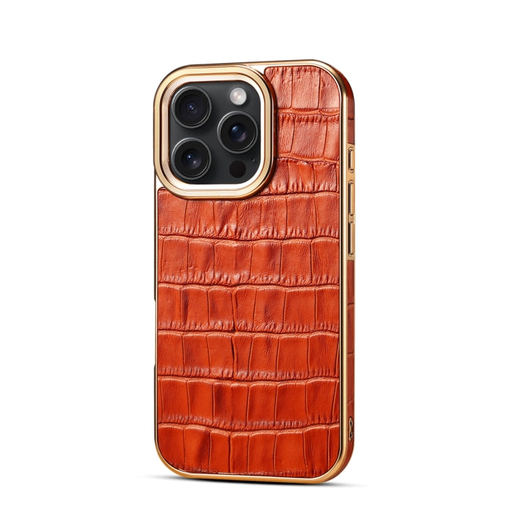 For iPhone 16 Pro Denior Crocodile Texture Genuine Leather Electroplating Phone Case(Mocha Brown) - More iPhone Cases by Denior | Online Shopping South Africa | PMC Jewellery | Buy Now Pay Later Mobicred