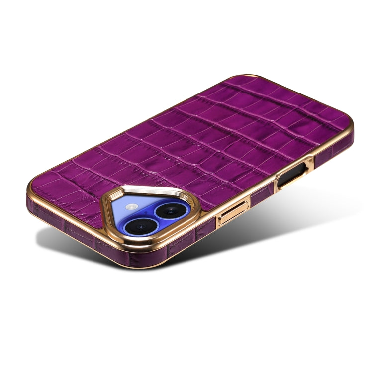 For iPhone 16 Plus Denior Crocodile Texture Genuine Leather Electroplating Phone Case(Purple) - More iPhone Cases by Denior | Online Shopping South Africa | PMC Jewellery | Buy Now Pay Later Mobicred