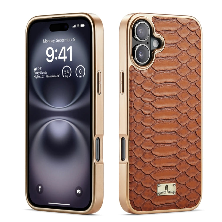 For iPhone 16 Fierre Shann Python Texture Electroplating PU Phone Case(Brown) - iPhone 16 Cases by FIERRE SHANN | Online Shopping South Africa | PMC Jewellery | Buy Now Pay Later Mobicred