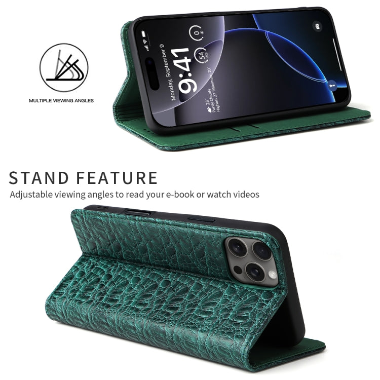 For iPhone 16 Pro Max Fierre Shann Crocodile Texture Magnetic Genuine Leather Phone Case(Green) - iPhone 16 Pro Max Cases by FIERRE SHANN | Online Shopping South Africa | PMC Jewellery | Buy Now Pay Later Mobicred