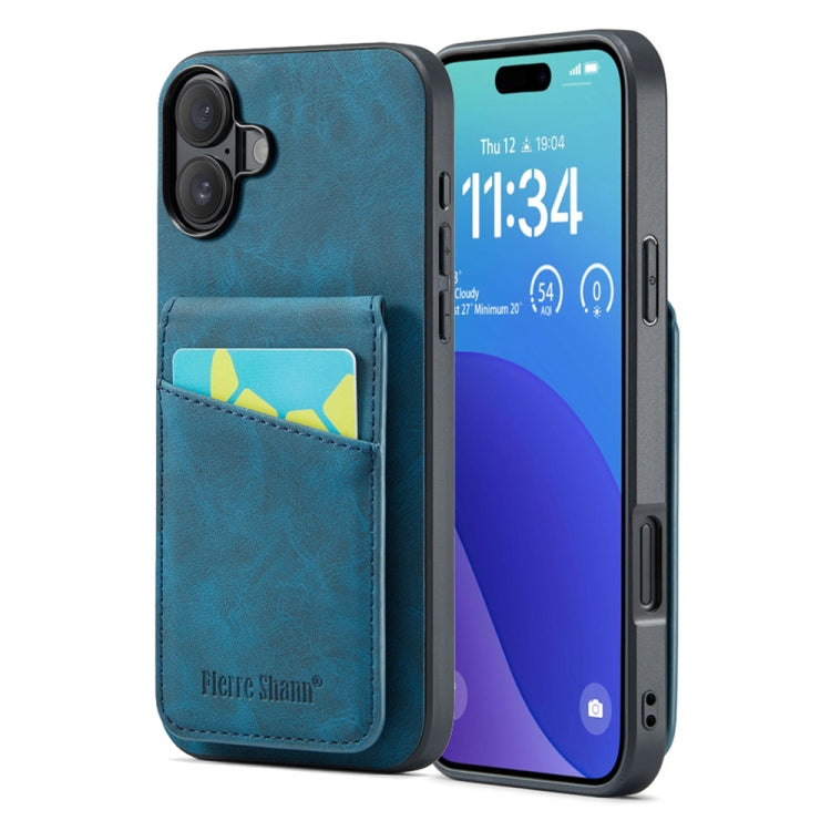 For iPhone 16 Fierre Shann Crazy Horse Card Holder Back Cover PU Phone Case(Blue) - iPhone 16 Cases by FIERRE SHANN | Online Shopping South Africa | PMC Jewellery | Buy Now Pay Later Mobicred