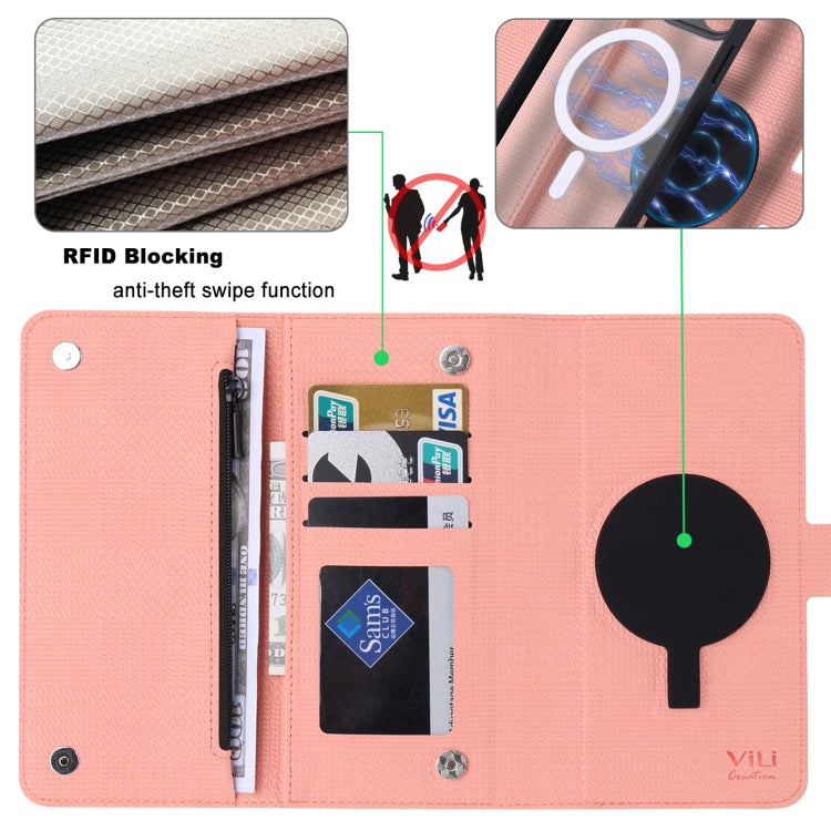 For iPhone 14 Plus ViLi GHB Series MagSafe Magnetic Zipper Leather Phone Case(Pink) - iPhone 14 Plus Cases by ViLi | Online Shopping South Africa | PMC Jewellery | Buy Now Pay Later Mobicred