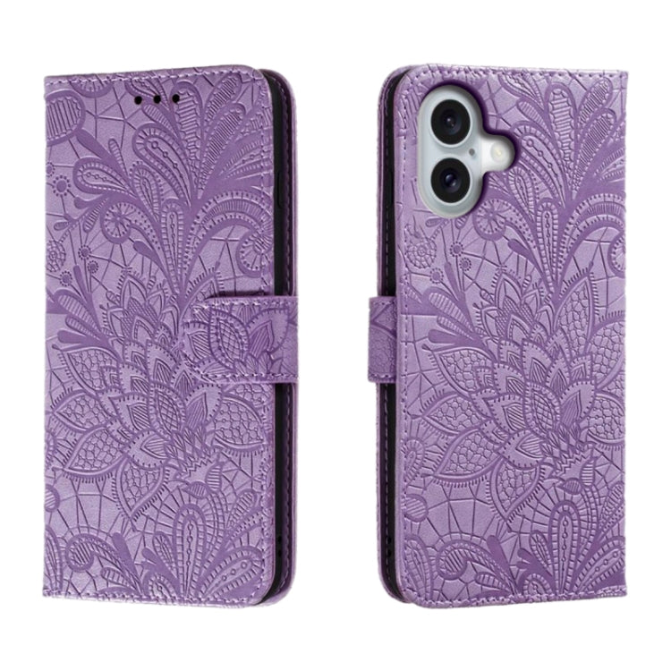 For iPhone 16 Lace Flower Embossing Flip Leather Phone Case(Purple) - iPhone 16 Cases by PMC Jewellery | Online Shopping South Africa | PMC Jewellery | Buy Now Pay Later Mobicred