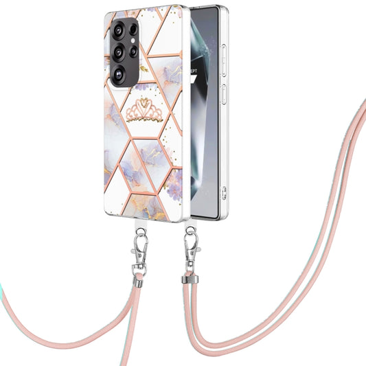 For Samsung Galaxy S25 Ultra 5G Electroplating Splicing Marble Flower IMD TPU Phone Case with Lanyard(Crown) - Galaxy S25 Ultra 5G Cases by PMC Jewellery | Online Shopping South Africa | PMC Jewellery | Buy Now Pay Later Mobicred