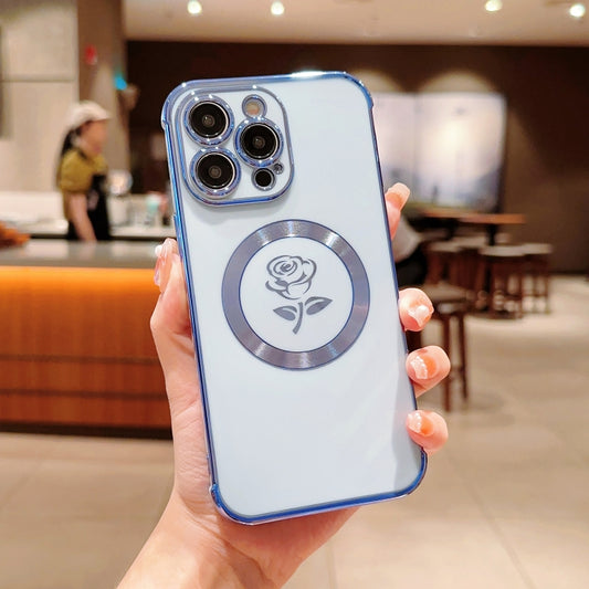 For iPhone 15 Pro Electroplate Side Roses Flower MagSafe Phone Case(Blue) - iPhone 15 Pro Cases by PMC Jewellery | Online Shopping South Africa | PMC Jewellery