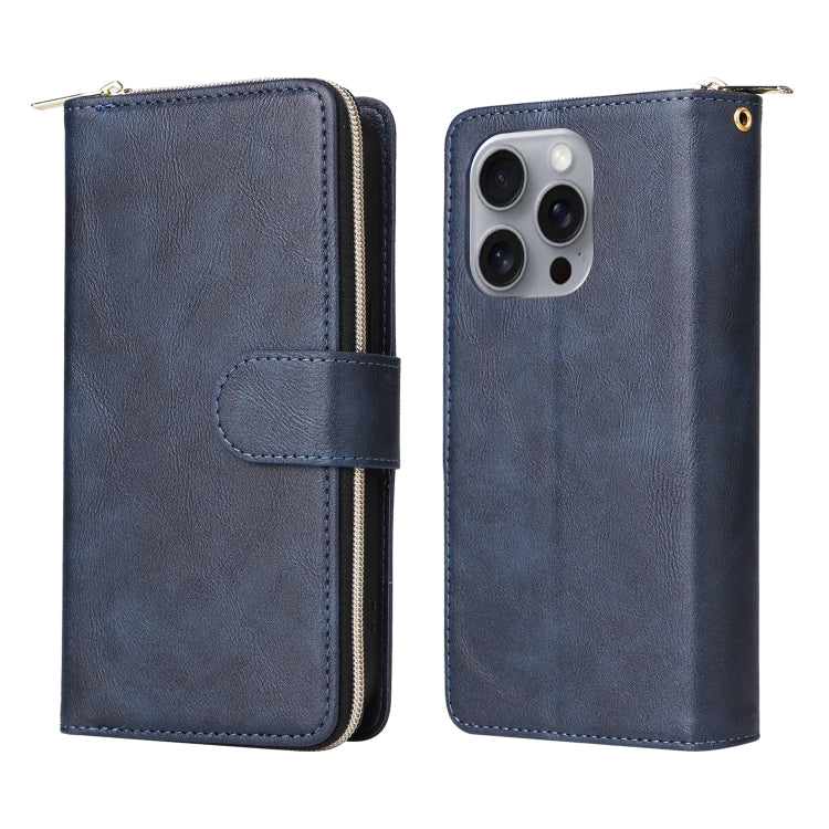 For iPhone 16 Pro Max 9 Card Slots Zipper Wallet Bag Leather Phone Case(Blue) - iPhone 16 Pro Max Cases by PMC Jewellery | Online Shopping South Africa | PMC Jewellery | Buy Now Pay Later Mobicred