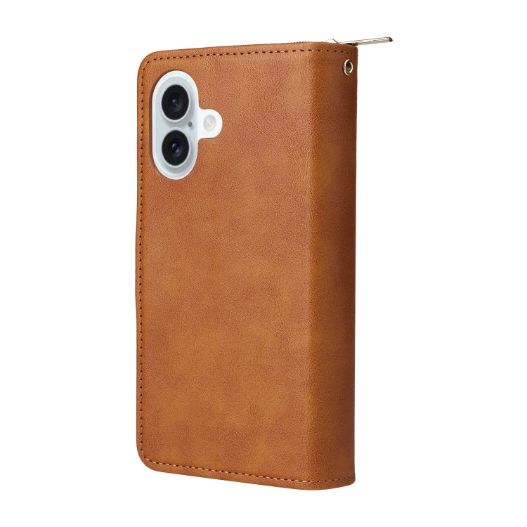 For iPhone 16 Plus 9 Card Slots Zipper Wallet Bag Leather Phone Case(Brown) - iPhone 16 Plus Cases by PMC Jewellery | Online Shopping South Africa | PMC Jewellery | Buy Now Pay Later Mobicred