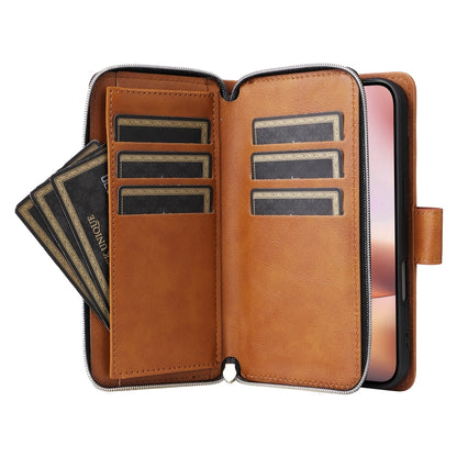 For iPhone 16 Plus 9 Card Slots Zipper Wallet Bag Leather Phone Case(Brown) - iPhone 16 Plus Cases by PMC Jewellery | Online Shopping South Africa | PMC Jewellery | Buy Now Pay Later Mobicred