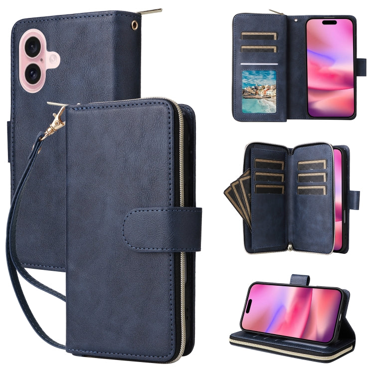 For iPhone 16 9 Card Slots Zipper Wallet Bag Leather Phone Case(Blue) - iPhone 16 Cases by PMC Jewellery | Online Shopping South Africa | PMC Jewellery | Buy Now Pay Later Mobicred