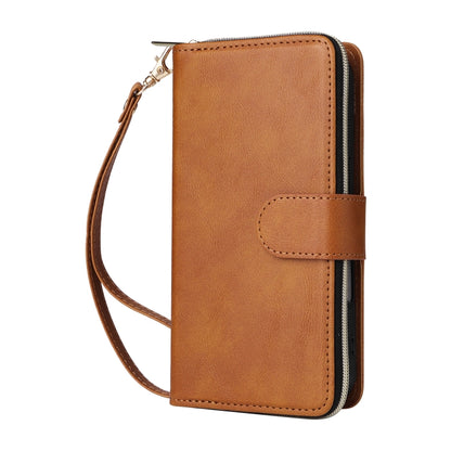 For iPhone 16 9 Card Slots Zipper Wallet Bag Leather Phone Case(Brown) - iPhone 16 Cases by PMC Jewellery | Online Shopping South Africa | PMC Jewellery | Buy Now Pay Later Mobicred