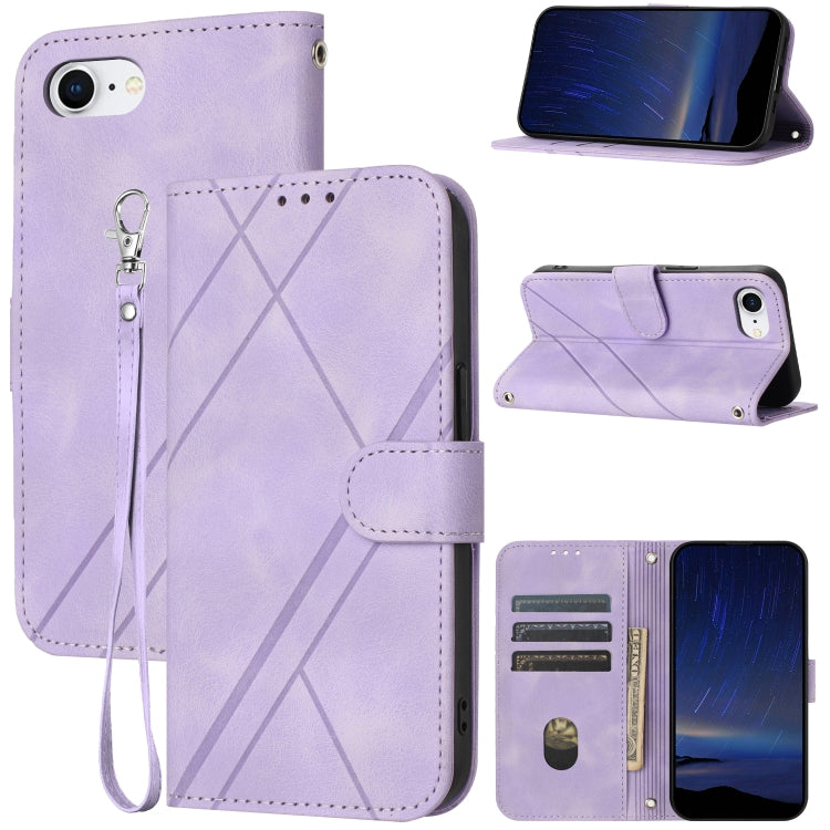 For iPhone SE 2024 Embossed Line Leather Phone Case with Lanyard(Purple) - More iPhone Cases by PMC Jewellery | Online Shopping South Africa | PMC Jewellery | Buy Now Pay Later Mobicred