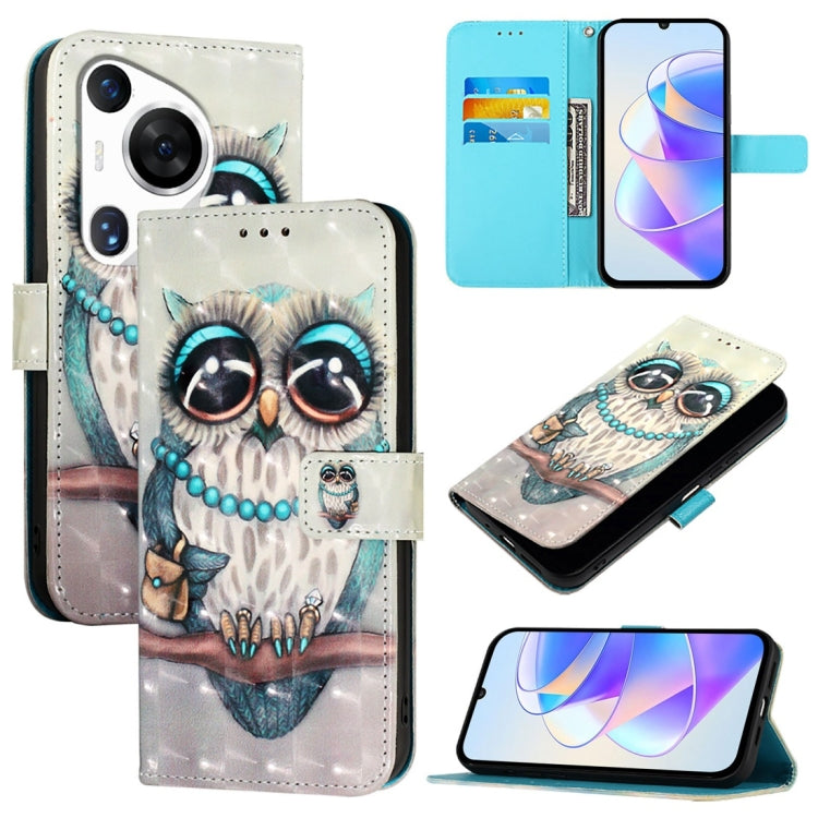 For Huawei Pura 70 Pro 3D Painting Horizontal Flip Leather Phone Case(Grey Owl) - Huawei Cases by PMC Jewellery | Online Shopping South Africa | PMC Jewellery | Buy Now Pay Later Mobicred