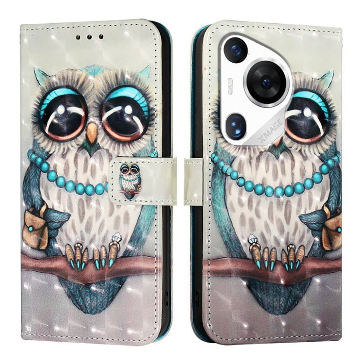 For Huawei Pura 70 Pro 3D Painting Horizontal Flip Leather Phone Case(Grey Owl) - Huawei Cases by PMC Jewellery | Online Shopping South Africa | PMC Jewellery | Buy Now Pay Later Mobicred