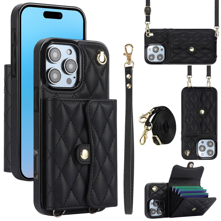 For iPhone 16 Pro Crossbody Rhombic Horizontal Wallet Leather Phone Case(Black) - iPhone 16 Pro Cases by PMC Jewellery | Online Shopping South Africa | PMC Jewellery | Buy Now Pay Later Mobicred