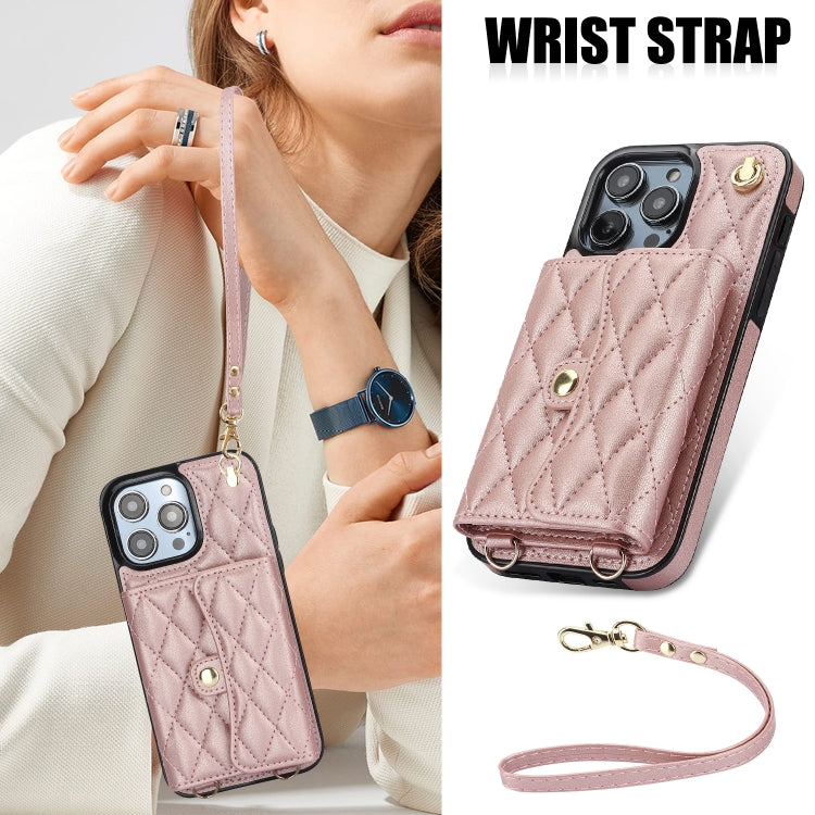 For iPhone 16 Pro Crossbody Rhombic Horizontal Wallet Leather Phone Case(Rose Gold) - iPhone 16 Pro Cases by PMC Jewellery | Online Shopping South Africa | PMC Jewellery | Buy Now Pay Later Mobicred