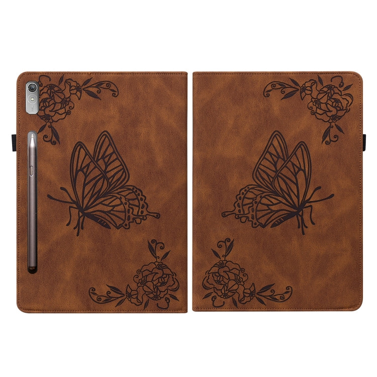 For Lenovo Tab P12 Butterfly Flower Embossed Leather Tablet Case(Brown) - Lenovo by PMC TechLife | Online Shopping South Africa | PMC TechLife | Buy Now Pay Later Mobicred