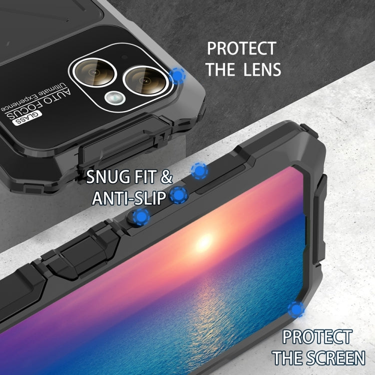 For iPhone 15 Plus R-JUST Metal + Silicone + Tempered Glass Life Waterproof Phone Case with Holder(Black) - iPhone 15 Plus Cases by R-JUST | Online Shopping South Africa | PMC Jewellery | Buy Now Pay Later Mobicred