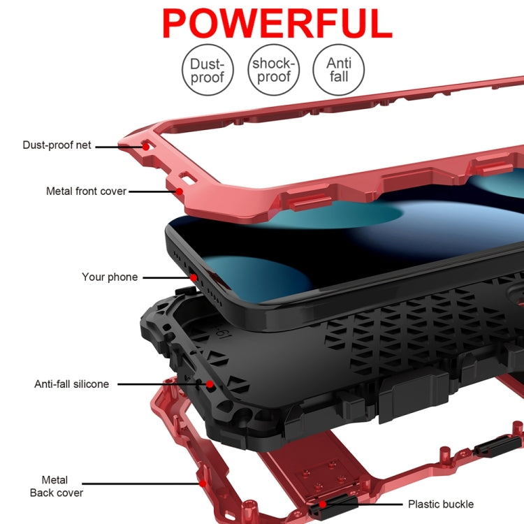 For iPhone 15 R-JUST Metal + Silicone + Tempered Glass Life Waterproof Phone Case with Holder(Red) - iPhone 15 Cases by R-JUST | Online Shopping South Africa | PMC Jewellery | Buy Now Pay Later Mobicred