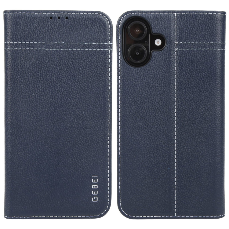 For iPhone 16 GEBEI Top-grain Horizontal Flip Leather Phone Case(Blue) - iPhone 16 Cases by GEBEI | Online Shopping South Africa | PMC Jewellery | Buy Now Pay Later Mobicred