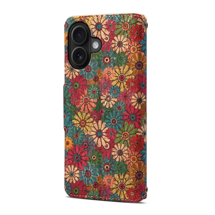 For iPhone 16 Plus Denior Flower Language Series Cork Fabric Oil Edge Leather Phone Case(Spring) - iPhone 16 Plus Cases by Denior | Online Shopping South Africa | PMC Jewellery | Buy Now Pay Later Mobicred