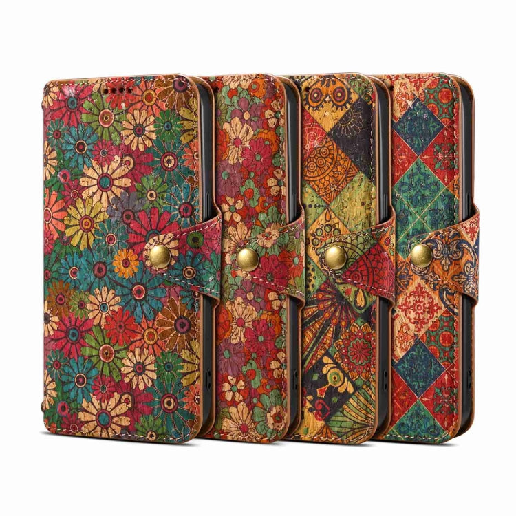 For iPhone 16 Denior Flower Language Series Cork Fabric Oil Edge Leather Phone Case(Autumn) - iPhone 16 Cases by Denior | Online Shopping South Africa | PMC Jewellery | Buy Now Pay Later Mobicred