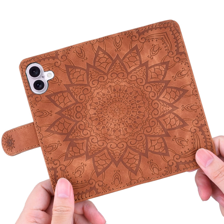 For iPhone 16 Plus Mandala Embossed Dual-Fold Calf Leather Phone Case(Brown) - free shipping - PMC TechLife - Order now!