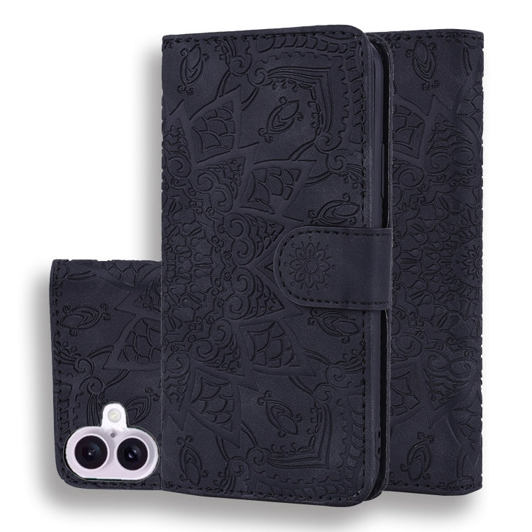 For iPhone 16 Mandala Embossed Dual-Fold Calf Leather Phone Case(Black) - iPhone 16 Cases by PMC Jewellery | Online Shopping South Africa | PMC Jewellery | Buy Now Pay Later Mobicred