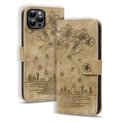 For iPhone 16 Pro Max Cartoon Sakura Cat Embossed Leather Phone Case(Brown) - iPhone 16 Pro Max Cases by PMC Jewellery | Online Shopping South Africa | PMC Jewellery | Buy Now Pay Later Mobicred