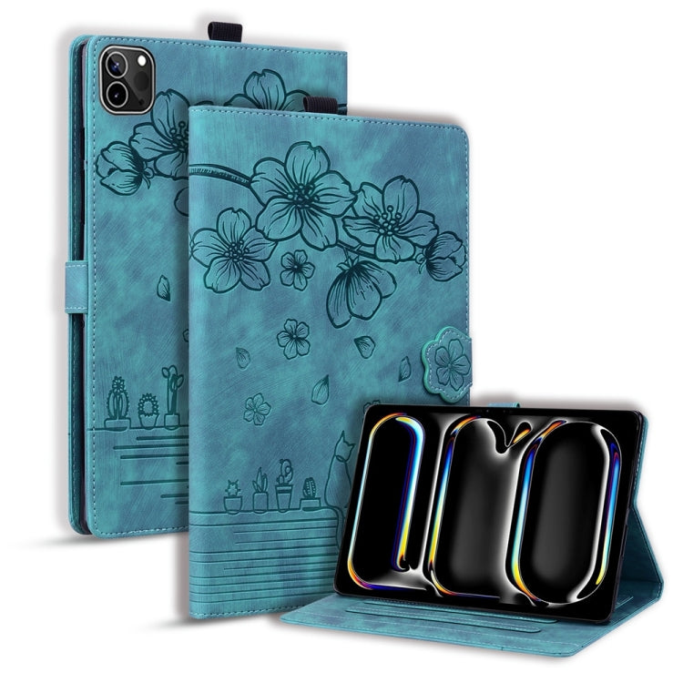 For iPad Pro 11 2024 Cartoon Sakura Cat Embossed Smart Leather Tablet Case(Green) - iPad Pro 11 2024 Cases by PMC TechLife | Online Shopping South Africa | PMC TechLife | Buy Now Pay Later Mobicred
