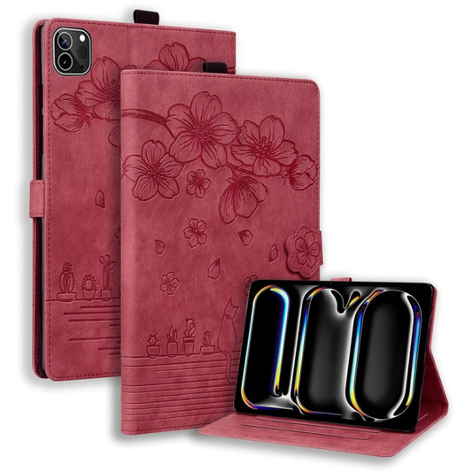 For iPad Pro 11 2024 Cartoon Sakura Cat Embossed Smart Leather Tablet Case(Red) - iPad Pro 11 2024 Cases by PMC Jewellery | Online Shopping South Africa | PMC Jewellery | Buy Now Pay Later Mobicred