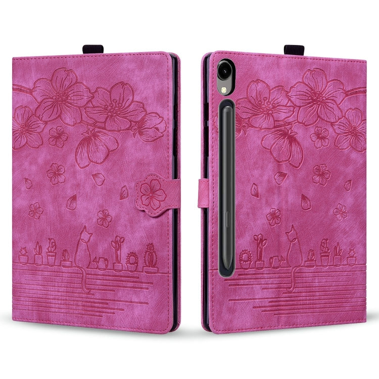 For Samsung Galaxy Tab S9 FE Cartoon Sakura Cat Embossed Leather Tablet Case(Rose Red) - Galaxy Tab S9 FE by PMC Jewellery | Online Shopping South Africa | PMC Jewellery | Buy Now Pay Later Mobicred