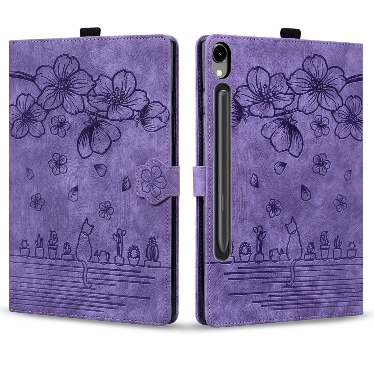 For Samsung Galaxy Tab S9 FE Cartoon Sakura Cat Embossed Leather Tablet Case(Purple) - Galaxy Tab S9 FE by PMC Jewellery | Online Shopping South Africa | PMC Jewellery | Buy Now Pay Later Mobicred