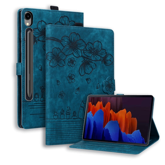 For Samsung Galaxy Tab S9 FE Cartoon Sakura Cat Embossed Leather Tablet Case(Blue) - Galaxy Tab S9 FE by PMC Jewellery | Online Shopping South Africa | PMC Jewellery | Buy Now Pay Later Mobicred