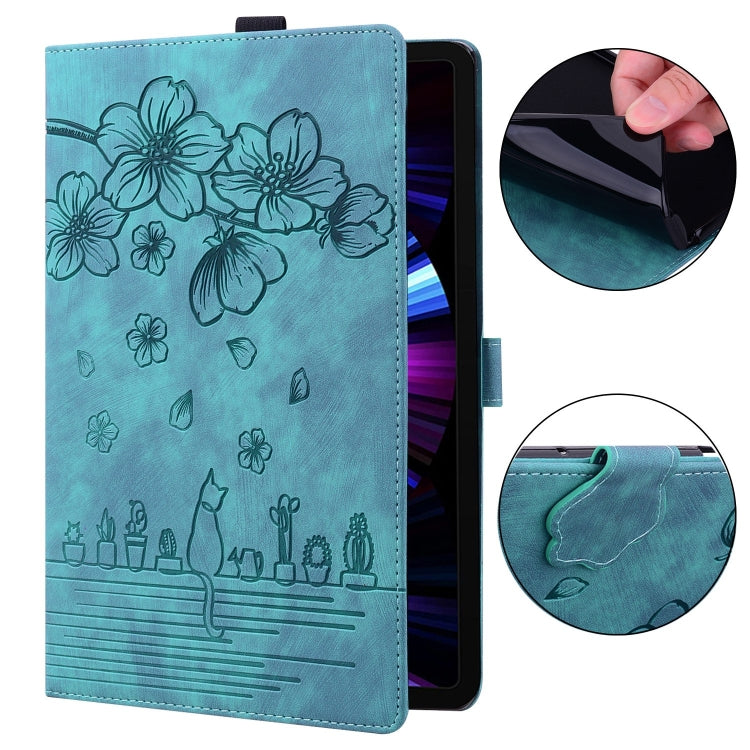 For Lenovo Tab P12 12.7 Cartoon Sakura Cat Embossed Leather Tablet Case(Green) - Lenovo by PMC Jewellery | Online Shopping South Africa | PMC Jewellery | Buy Now Pay Later Mobicred