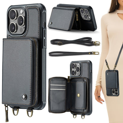 For iPhone 15 Pro Max JEEHOOD C22 Series Zipper Wallet Leather Phone Case with Dual Lanyard(Black) - iPhone 15 Pro Max Cases by JEEHOOD | Online Shopping South Africa | PMC Jewellery | Buy Now Pay Later Mobicred