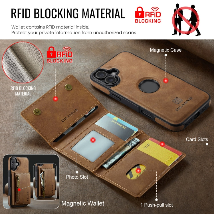 For iPhone 16 Plus DG.MING M5 Series Zip RFID Multi Card Detachable Leather Phone Case(Brown) - iPhone 16 Plus Cases by DG.MING | Online Shopping South Africa | PMC Jewellery | Buy Now Pay Later Mobicred